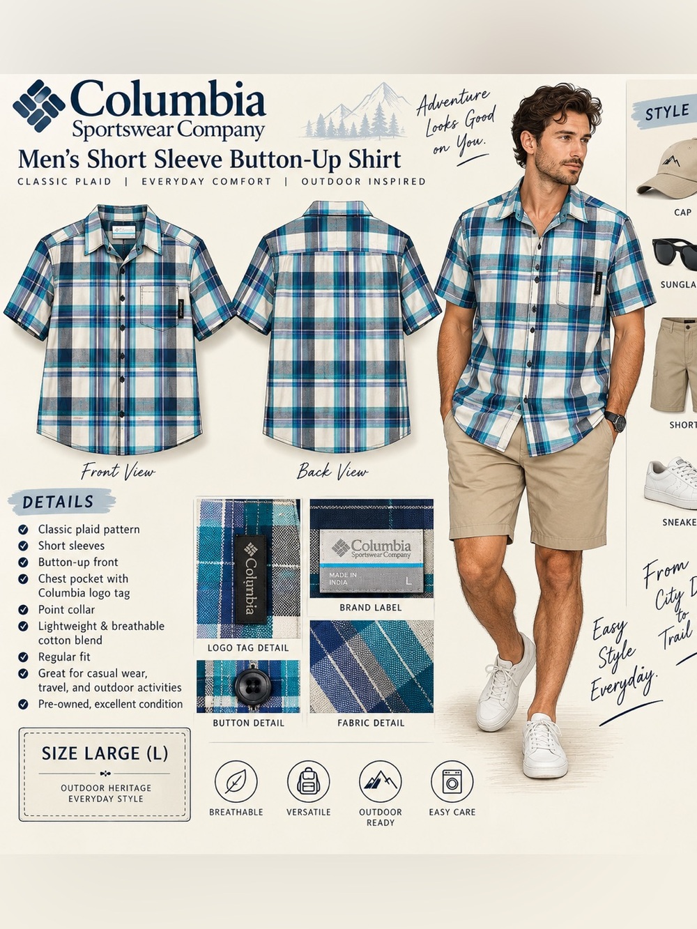 Columbia Men's Teal and White Plaid Short Sleeve Button-Down Shirt